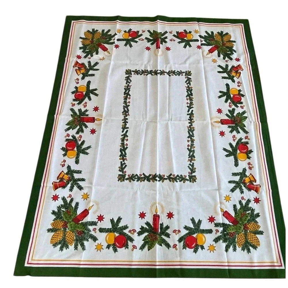 Vintage Christmas Tablecloth NOS Candle Mushroom‎ Ornament Pinecone Green Border